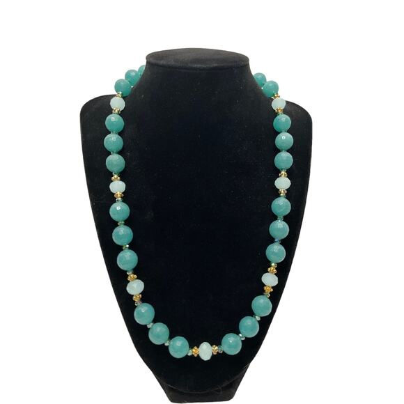 Amazonite Faceted and Glass Bead Necklace Gold Tone Magnetic Clasp 17 in Beauty - Picture 2 of 12